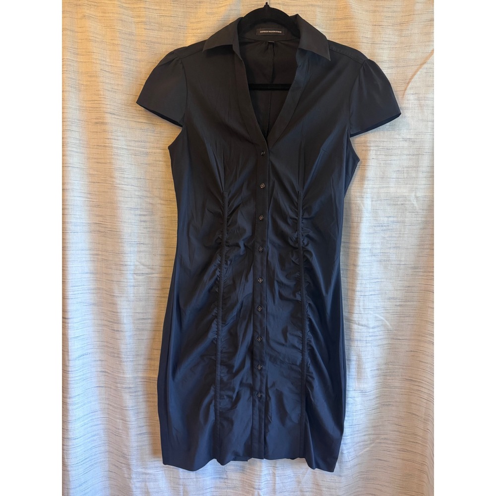 Express Design Studio Black Ruched Button Up Shirt Dress Short Puff Sleeve 6